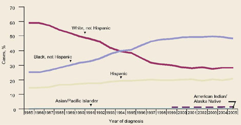 Racial/Ethnic Percentages of Annual AIDS Diagnoses, 1985-2004