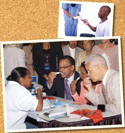 NAACP executives Bruce Gordon, president and CEO; Roslyn Brock, vice chair; and Julian Bond, chair take an HIV test July 14, 2006 on the opening day of the organization's 97th annual national convention.