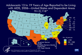 Slide 16: Adolescents 13 to 19 Years of Age Reported to be Living With AIDS, 2006 -- United States and Dependent Areas, N=3,116 At the end of 2006, 3,116 adolescents 13 to 19 years of age were reported to be living with AIDS in the United States and dependent areas.