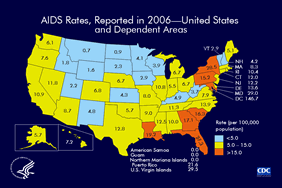 Slide 11: AIDS Rates, Reported in 2006 -- United States and Dependent Areas For cases reported in 2006, AIDS rates (cases per 100,000) are shown for each state, the District of Columbia, American Samoa, Guam, the Northern Mariana Islands, Puerto Rico, and the U.S. Virgin Islands. Areas with the highest rates in 2006 were the District of Columbia, the U.S. Virgin Islands, Maryland, New York, and Florida. The District of Columbia is a metropolitan area. Use caution when comparing its AIDS rate to state AIDS rates.