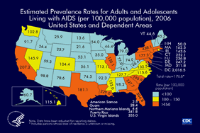 Slide 22: Estimated Prevalence Rates for Adults and Adolescents Living With AIDS (per 100,000 Population), 2006 -- United States and Dependent Areas In the United States and dependent areas, the prevalence rate of AIDS among adults and adolescents was estimated at 178.6 per 100,000 at the end of 2006. The rate for adults and adolescents living with AIDS ranged from an estimated 2.5 per 100,000 in American Samoa to an estimated 2,016.5 per 100,000 in the District of Columbia. The District of Columbia is a metropolitan area. Use caution when comparing its AIDS rate to state AIDS rates. The data have been adjusted for reporting delays.