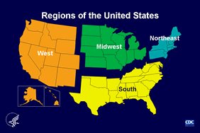 Slide 4: Regions of the United States This map shows the 50 states (and the District of Columbia) that are included in each of four regions of the United States. American Samoa, Guam, the Northern Mariana Islands, Puerto Rico, and the U.S. Virgin Islands are not included in this regional classification system, although they report AIDS cases to CDC. Regions of residence are defined as follows: Northeast -- Connecticut, Maine, Massachusetts, New Hampshire, New Jersey, New York, Pennsylvania, Rhode Island, Vermont Midwest -- Illinois, Indiana, Iowa, Kansas, Michigan, Minnesota, Missouri, Nebraska, North Dakota, Ohio, South Dakota, Wisconsin South -- Alabama, Arkansas, Delaware, District of Columbia, Florida, Georgia, Kentucky, Louisiana, Maryland, Mississippi, North Carolina, Oklahoma, South Carolina, Tennessee, Texas, Virginia, West Virginia West -- Alaska, Arizona, California, Colorado, Hawaii, Idaho, Montana, Nevada, New Mexico, Oregon, Utah, Washington, Wyoming