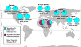 This picture depicts a map of the world that shows the co-circulation of 2009 H1N1 flu and seasonal influenza viruses. The United States, Canada, Europe, Kenya, Japan and China are depicted. There is a pie chart for each that shows the percentage of laboratory confirmed influenza cases that have tested positive for either 2009 H1N1 flu or other influenza subtypes. The majority of laboratory confirmed influenza cases reported in the United States, Canada, Europe, Japan and China have been 2009 H1N1 flu.