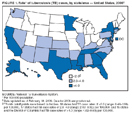 FIGURE 1. Rate of tuberculosis (TB) cases, by state/area -- United States, 2008