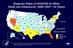 Slide 18. Diagnosis Rates of HIV/AIDS for White Adults and Adolescents, 2004-2007 -- 34 States  From 2004 through 2007, the highest average rates of HIV/AIDS diagnosis for white adults and adolescents were those in Florida, Nevada, and Texas. The rates in general, however, are considerably lower than the rate of 89.3 per 100,000 for black/African Americans or the rate of 34.6 per 100,000 for Hispanics/Latinos.  The following 34 states have had laws or regulations requiring confidential name-based HIV infection reporting since at least 2003: Alabama, Alaska, Arizona, Arkansas, Colorado, Florida, Georgia, Idaho, Indiana, Iowa, Kansas, Louisiana, Michigan, Minnesota, Mississippi, Missouri, Nebraska, Nevada, New Jersey, New Mexico, New York, North Carolina, North Dakota, Ohio, Oklahoma, South Carolina, South Dakota, Tennessee, Texas, Utah, Virginia, West Virginia, Wisconsin, and Wyoming.  The data have been adjusted for reporting delays.