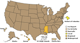 Map of flu activity in the U.S. for week ending October 31, 2009. Select to view full-sized map.