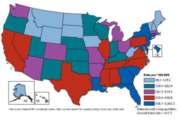 Rates of Persons Aged 18-64 Years Living With a Diagnosis of HIV Infection, Year-End 2008 -- United States