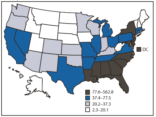 FIGURE 1. Prevalence Rates of Persons Aged 13-24 Years Living With a Diagnosis of HIV Infection* -- National HIV Surveillance System, United States, Year-End 2009