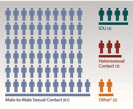 Estimated Diagnoses of HIV Infection Among Male Adult and Adolescent Native Hawaiians/Other Pacific Islanders, by Transmission Category, 2011 -- United States and 6 Dependent Areas