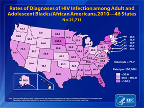 Slide 15: Rates of Diagnoses of HIV Infection Among Adult and Adolescent Blacks/African Americans, 2010 -- 46 States