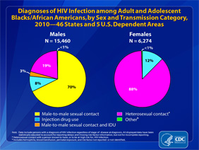 Slide 9: Diagnoses of HIV Infection Among Adult and Adolescent Blacks/African Americans, by Sex and Transmission Category, 2010 -- 46 States and 5 U.S. Dependent Areas