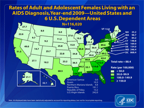 Slide 17: Rates of Adult and Adolescent Females Living with an AIDS Diagnosis, Year-end 2009 -- United States and 6 U.S. Dependent Areas