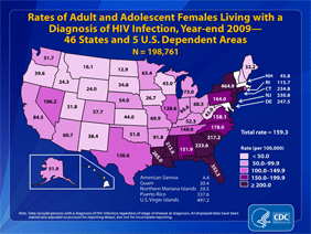 Slide 9: Rates of Adult and Adolescent Females Living with a Diagnosis of HIV Infection, Year-end 2009 -- 46 States and 5 U.S. Dependent Areas