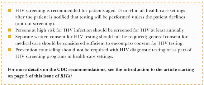 Table 1. Key CDC HIV Screening Recommendations for Patients in All Health-Care Settings