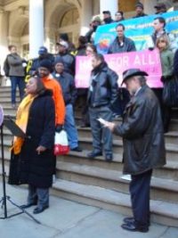NYCAHN's Shirlene Cooper and Charles King of Housing Works speak on the steps of City Hall as HASA For ALL legislation is introduced inside, January 30, 2008 (photo courtesy of Housing Works).