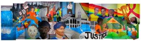 This mural, 'House Every One,' is a collaboration between Groundswell Community Mural Project and NYCAHN (� Groundswell Community Mural Project; Lead artist: Belle Benfield; Assistant artist: Claude Cantave, with youth from TEMA (Teen Empowerment Mural Apprenticeship Program); 14 x 28 feet on canvas, Park Slope, Brooklyn, 2004).