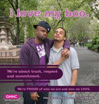 The 'I Love My Boo' campaign features real, young men of color loving each other passionately. Rather than sexualizing gay relationships, this campaign models caring, and highlights the importance of us taking care of each other. Featured throughout New York City, 'I Love My Boo' directly challenges homophobia and encourages all who come across it to critically rethink our notion of love. (Credit: GMHC)