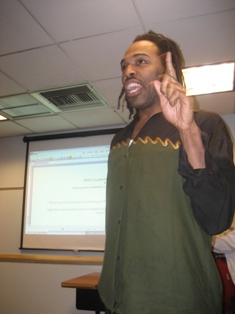 Town hall participant Devereaux makes a point
