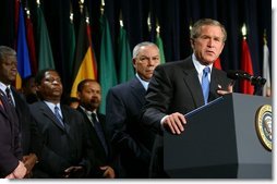 President George W. Bush speaks briefly before signing H.R. 1298, the United States Leadership Against HIV/AIDS, Tuberculosis, and Malaria Act of 2003, at the State Department in Washington, D.C., Tuesday, May 27, 2003. The legislation commits $15 billion to fight AIDS abroad. White House photo by Tina Hager