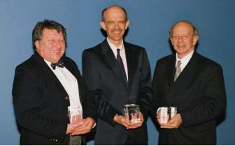 IAPAC 2002 Heroes in Medicine, George Janossy, F. James Muller, and John G. Bartlett (from left to right) after the awards presentation.