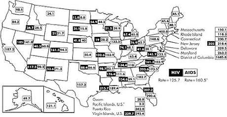 The Rate of HIV/AIDS Per 100,000, by State, 2002