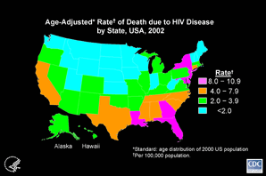 Slide #11 - Title:
Age-Adjusted* Rate of Death due to HIV Disease by State, USA, 2002

Rates of death due to HIV disease generally have been higher in coastal states, especially those with large cities, than in states in the interior of the country. The District of Columbia had a rate of 41 per 100,000 population, but the District should not be compared with the 50 states because it is more like a city than a state.