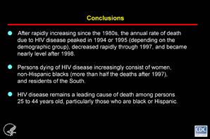 Slide #31 - Title:
Conclusions

After rapidly increasing since the 1980s, the annual rate of death due to HIV disease peaked in 1994 or 1995 (depending on the demographic group), decreased rapidly through 1997, and became nearly level after 1998.

Persons dying of HIV disease increasingly consist of women, non-Hispanic blacks (more than half the deaths after 1997), and residents of the South.

HIV disease remains a leading cause of death among persons 25 to 44 years old, particularly those who are black or Hispanic.