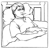 Illustration of a man in bed with a thermometer in his mouth.