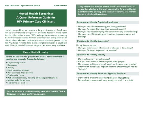Mental Health Screening: A Quick Reference Guide for HIV Primary Care Clinicians