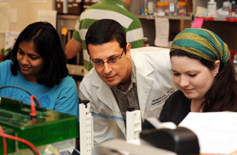 Professor Alexander Cole works with students in his lab at the University of Central Florida.