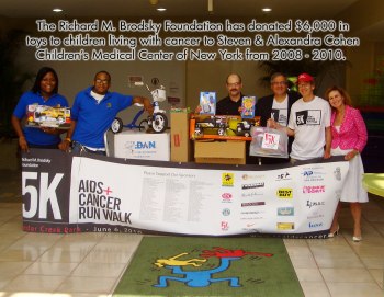 The foundation donated toys to children living with cancer at a medical center in New York, gives money to AIDS and cancer research and provides toiletries and gift items to people living with HIV and cancer.