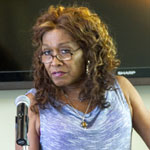 Ms. Courtney-Evans, Executive Director of TILTT in Atlanta, speaks at the Atlanta Principles press conference. (Credit: Cathy Metzger)