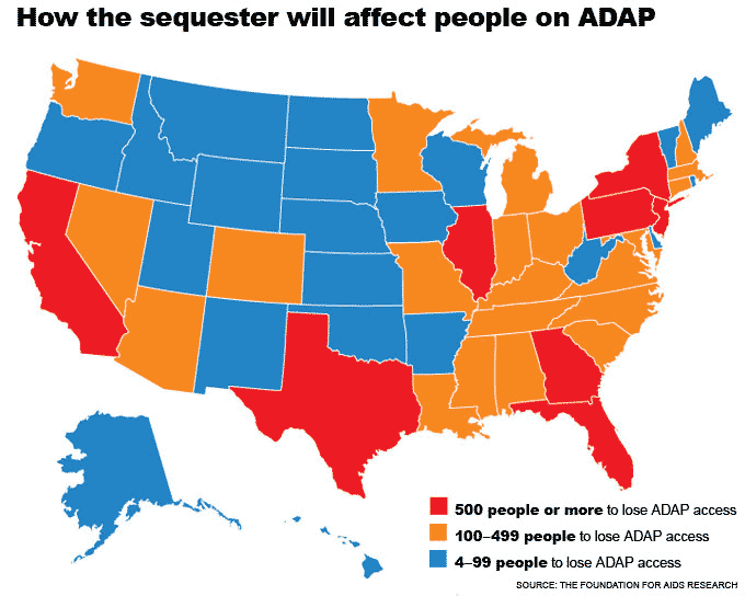 This map shows how ADAP will be affected by the sequestration cuts. The cut from the CR will be in addition to the sequestration.