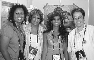 At the WORLD table in the Global Village (l to r): Shalini Eddens, Sylvia Young, Naina Khanna, and Maura Riordan